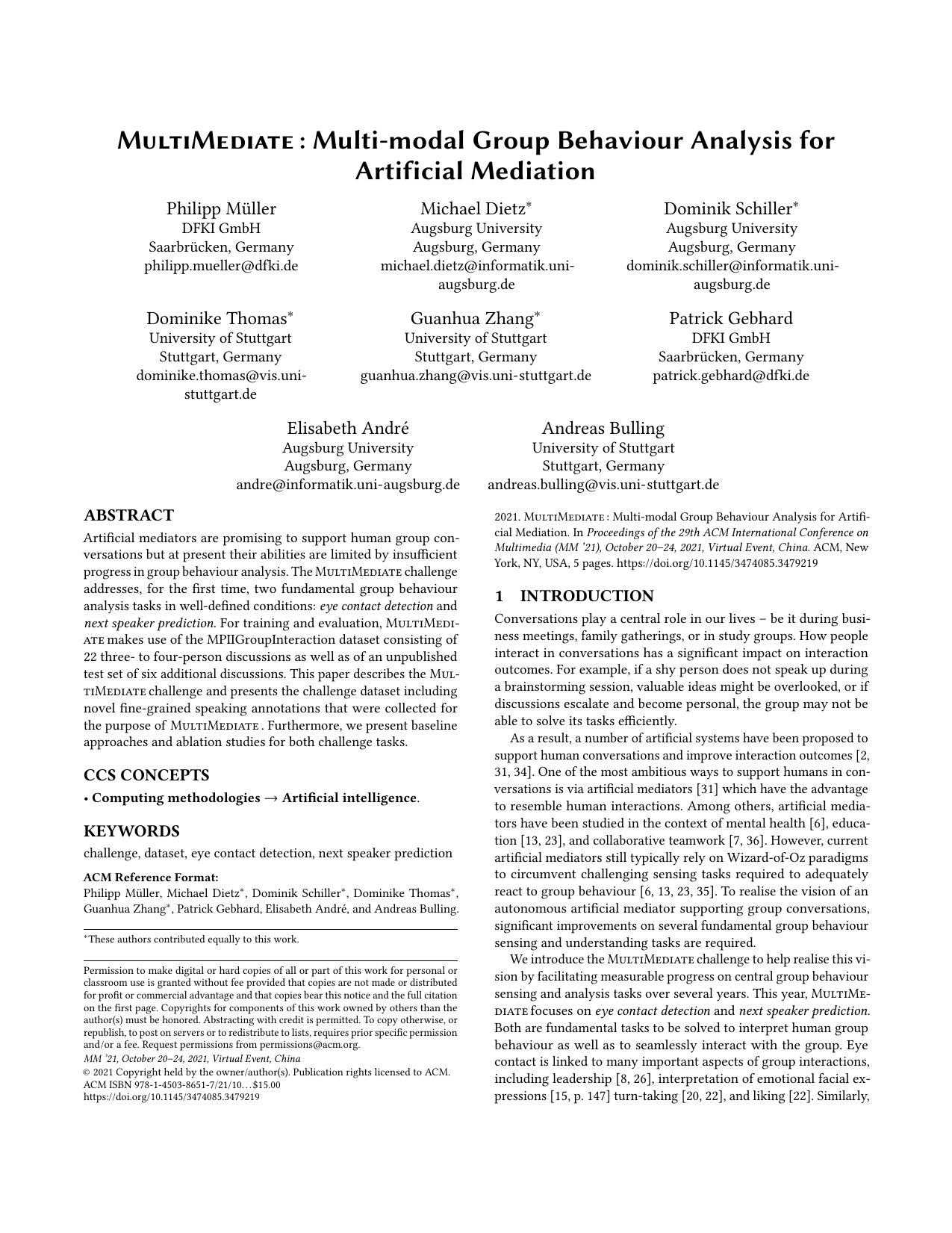 MultiMediate: Multi-modal Group Behaviour Analysis for Artificial Mediation