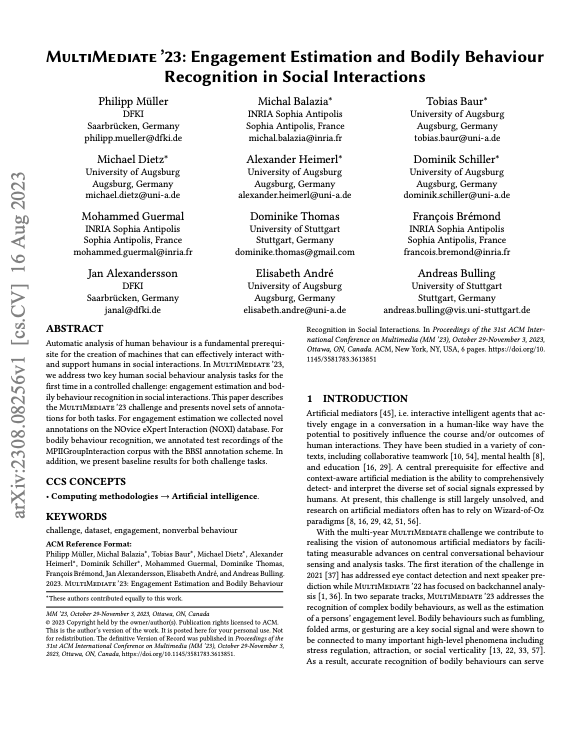 MultiMediate’23: Engagement Estimation and Bodily Behaviour Recognition in Social Interactions